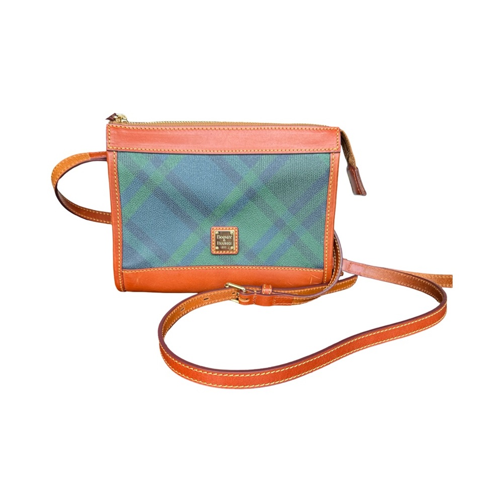 Dooney & Bourke Green Tartan Plaid Canvas & Brown Leather Crossbody Shoulder Bag